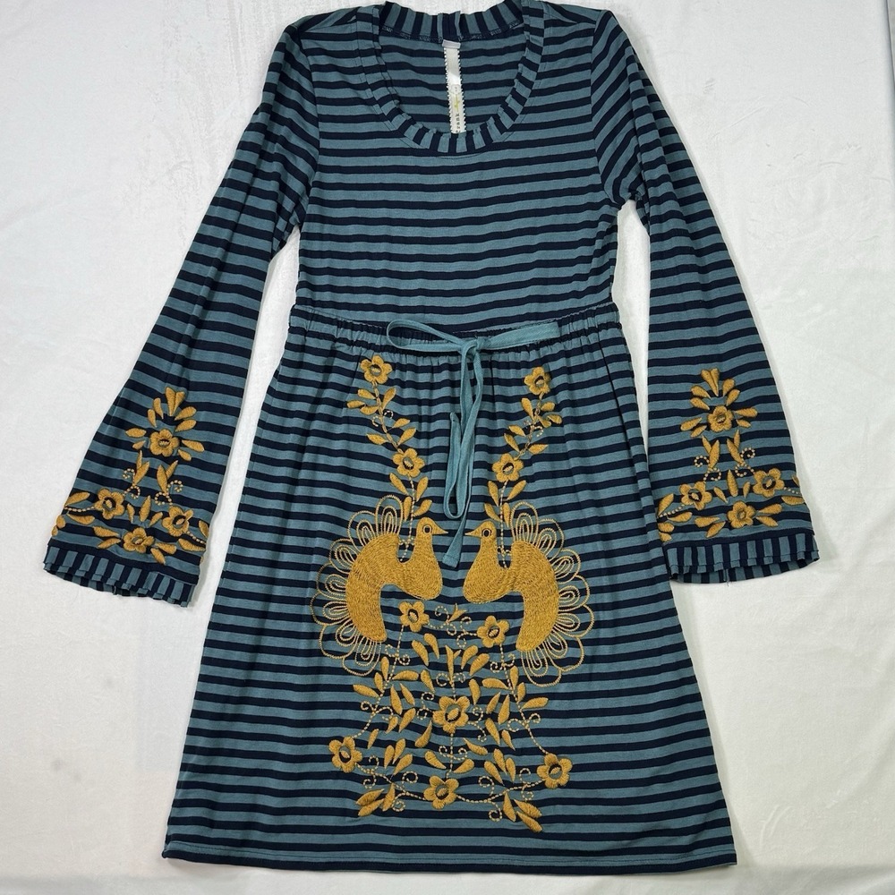 Uncle Frank Embroidered Striped Dress Peacock Floral‎ XS Boho Folk Art To Wear